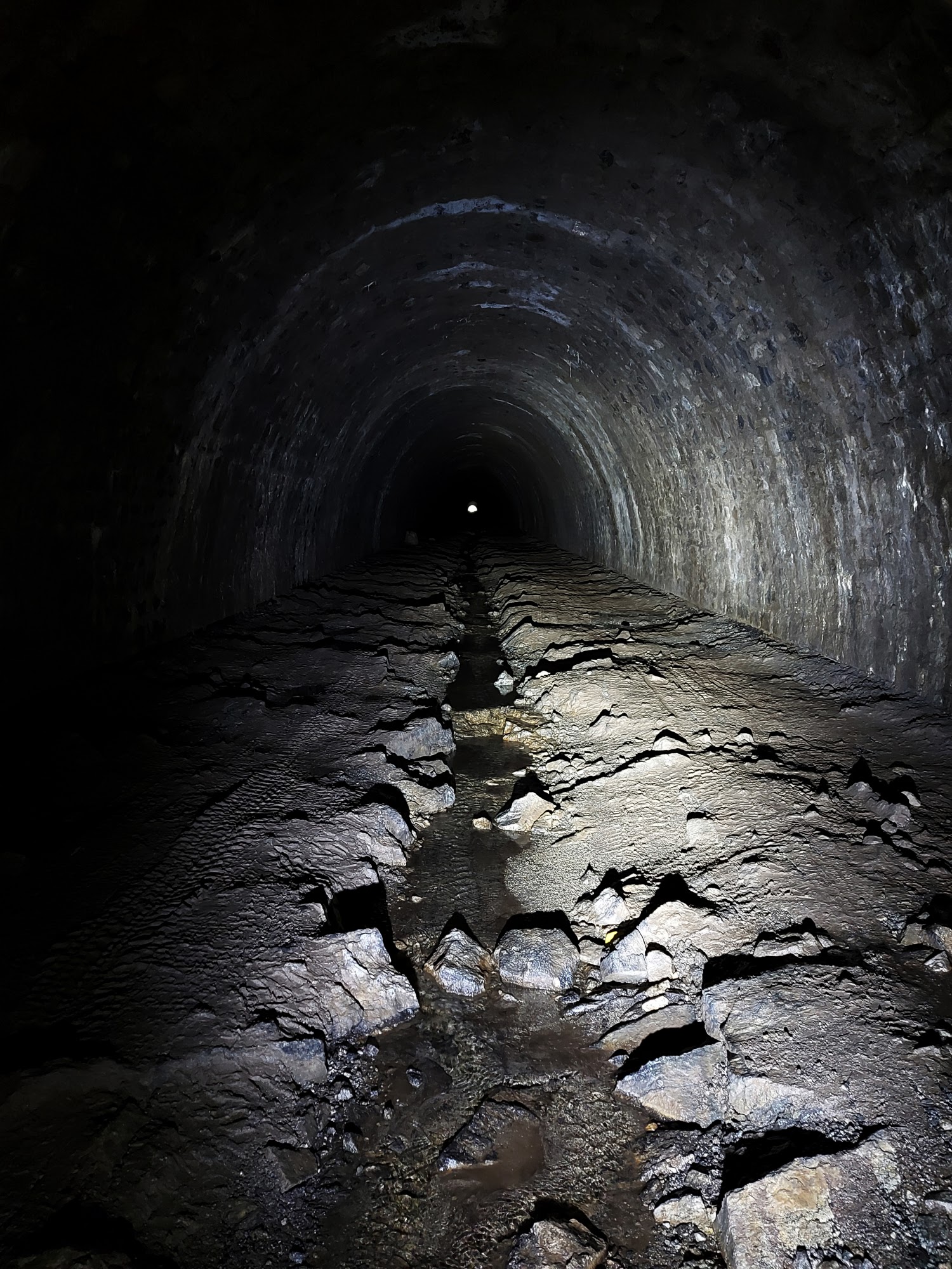 Auf den letzten ca. 1,5 Kilometern verläuft der Tunnel gerade ohne Kurve. Der ausgang ist schon zu sehen, aber noch immer knapp 20 Minuten entfernt. 
