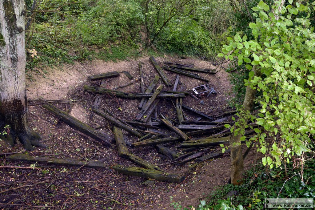 Ein ausgetrockneter Tümpel offenbart wohin gebrauchte Holzschwellen entsorgt wurden
